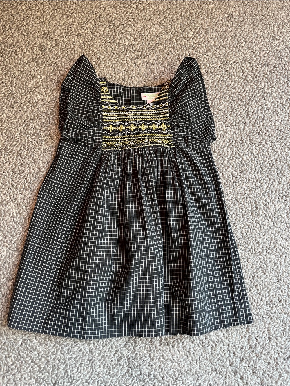 Bonpoint Girls Black Check Smocked Dress with Yellow Detail